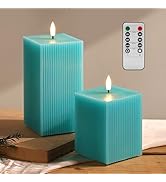 Girimax Turquoise Blue Flameless Candles with Remote, Square Ribbed LED Candles Battery Powered, ...