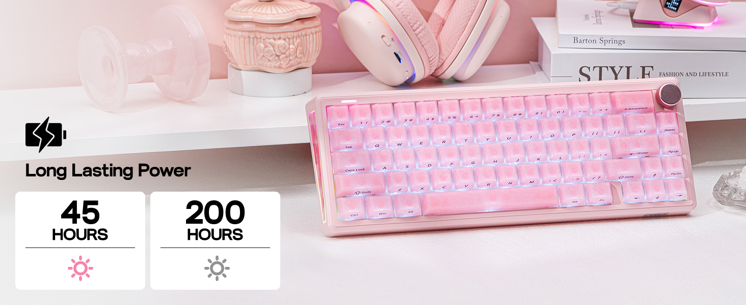 Text reads '45' and '200' with star symbols. Pink mechanical keyboard displayed at angle showing key details and construction.