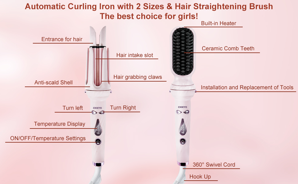 automatic curling iron with 2 sizes and hair straightening brush