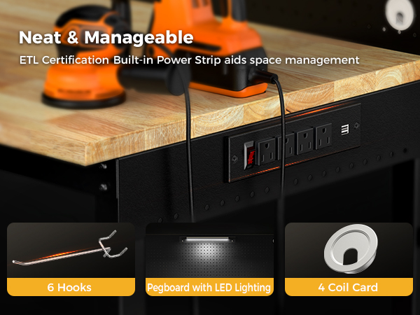 Work Table with ETL Certification Built-in Power Strip