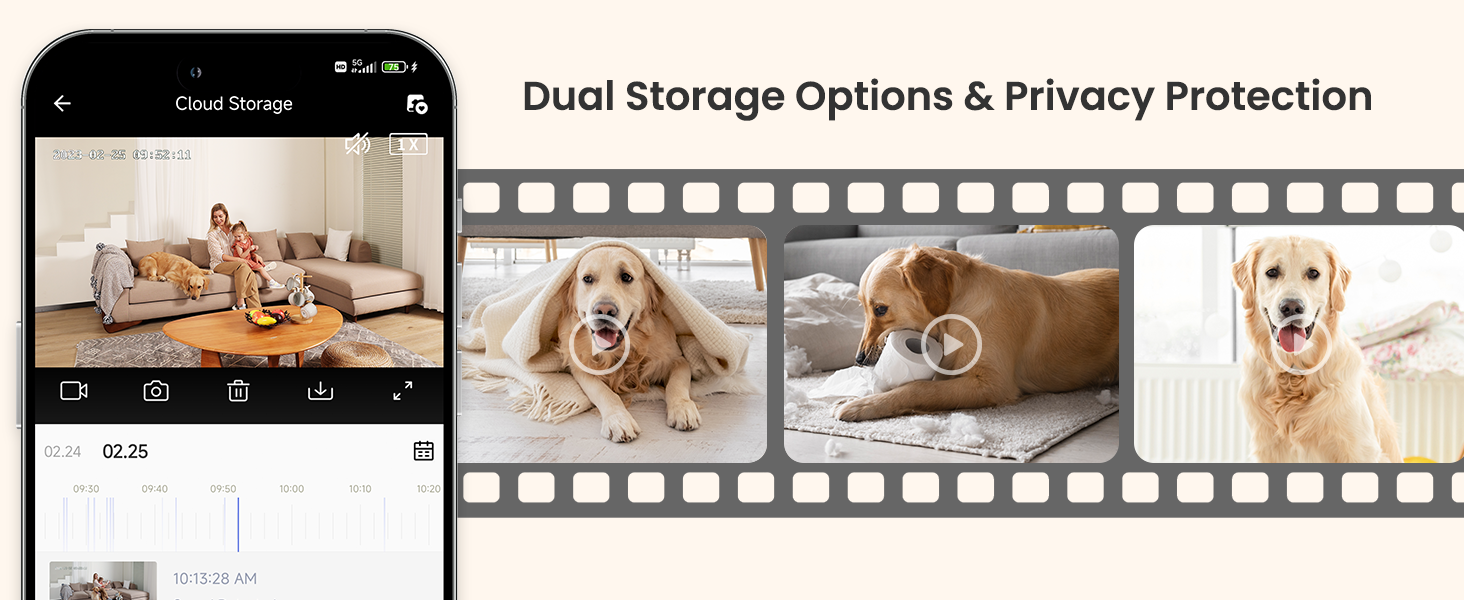 Smartphone app interface displaying dual storage options and privacy protection features, with a filmstrip of dog photos demonstrating the app's functionality.