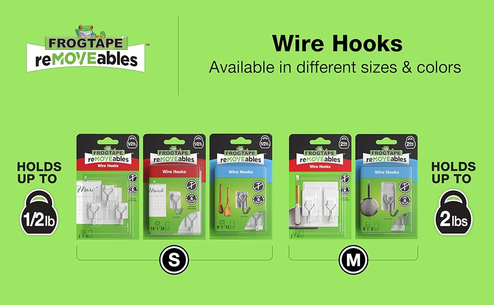 wire hooks available in different sizes and colors, medium hook holds up to two pounds
