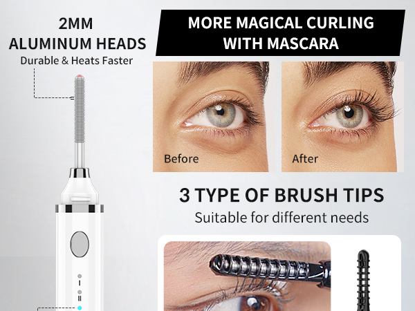 Heated eyelash curler with 2mm aluminum heads and 3 brush tip options. Before and after images show enhanced lash curling effect with mascara application.