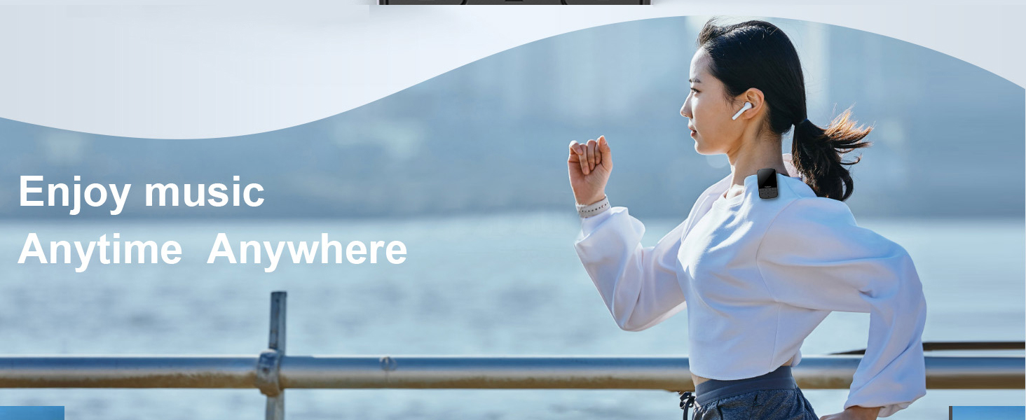 Marketing banner with text 'Enjoy music Anytime Anywhere' overlaid on outdoor waterfront scene.