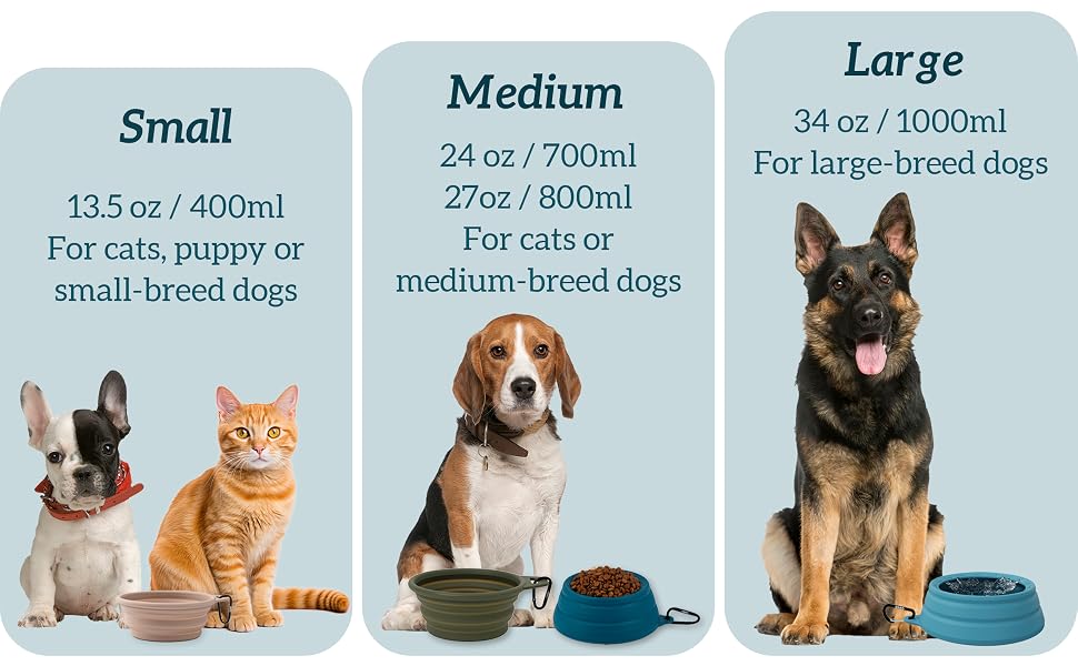 Pet bowl size guide showing three options: Small (400ml) for cats and small dogs, Medium (700ml) for medium dogs, and Large (1000ml) for large dogs, with blue bowls shown.