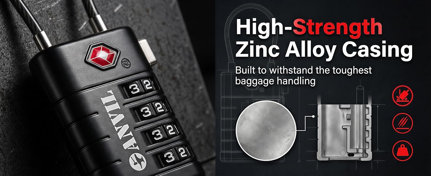 ANVIL TSA luggage lock with high-strength zinc alloy body built for tough baggage handling.