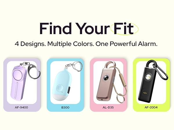 4 designs of the Weten personal safety alarms for women