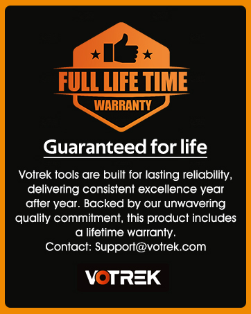 Text reads 'delivering consistent excellence year after year powered by our unwavering quality commitment to product evolution' with V-TREK logo and warranty information.