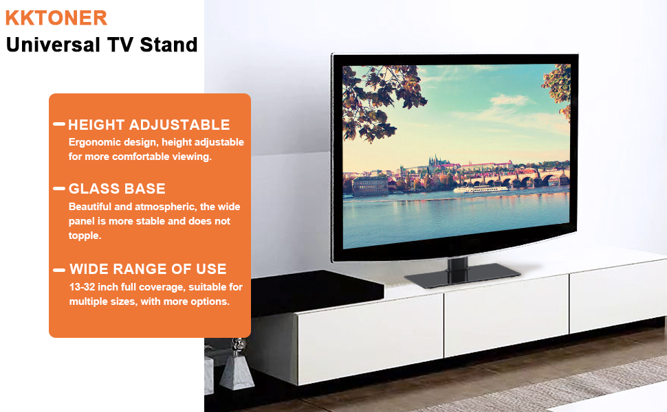 Universal TV stand with height-adjustable mount, glass base, and wide range of use. Image shows a flatscreen TV on a white entertainment unit.