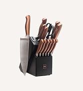 Copper Knife Set with Block - 14 PC Self Sharpening Knife Block Set - Rose Gold Knife Set & Black...