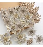 Champagne Poinsettias Artificial Christmas Flowers, 28 Pack Artificial Christmas Flowers and Berr...