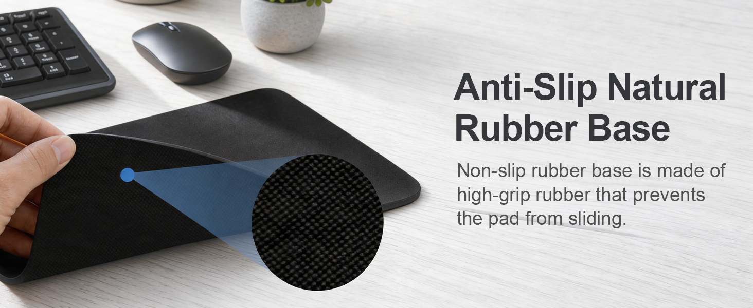 Text reads 'Anti-Slip Natural Rubber Base' and 'Comfort, stability and protection highlight rubber mat prevents the mat from sliding.' Blue and black textured mousepad with natural rubber base shown with keyboard and mouse.