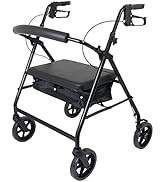Foldable Lightweight Rollator Walker with Seat - Black Aluminum Frame Rollator with Adjustable He...