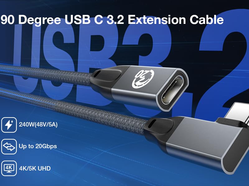 90 degree usb c 3.2 extension cable right angle pd 3.1 fast charging 240w 20gbps 4k@60hz video