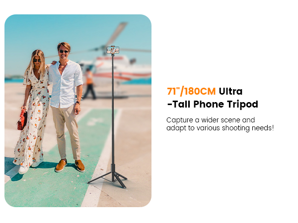 71-inch/180cm ultra-tall phone tripod stand. Black adjustable pole with smartphone mount. Designed for capturing wide scenes and versatile shooting needs.