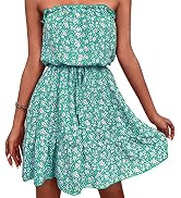 GOTOTOP Women Vintage Off Shoulder High Waist Floral Print Beach Mini A Line Dress(M-Green)