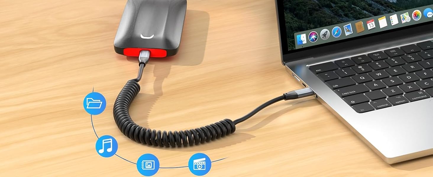 USB-C flexible and retractable Coiled Cable 5gbps 10gbps 20gbps 40gbps data transfer