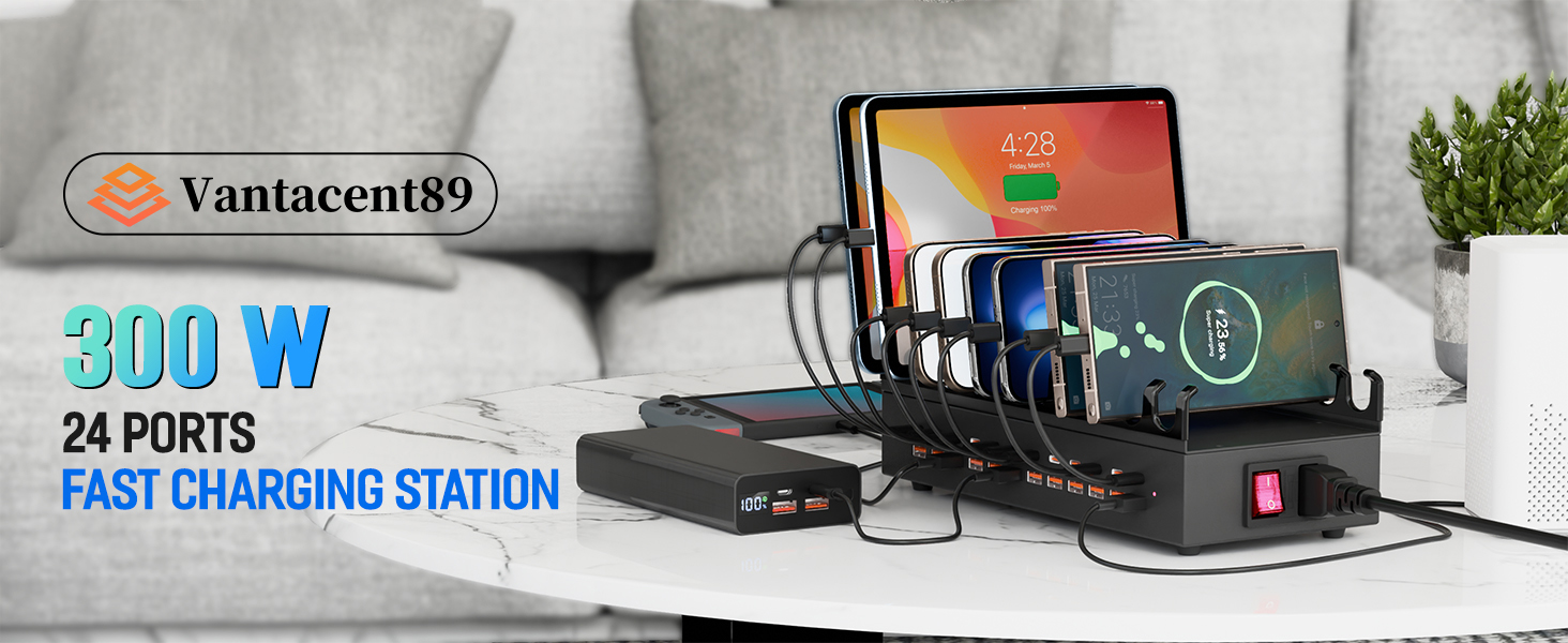 USB Charging Station, 24 Port Fast Charging Station for Multiple Devices USB C Charger Block