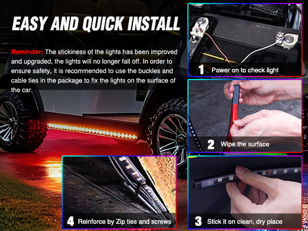 2PCS Golf Cart Underbody Lights Kit RGB Multi-Mode LED Neon Accent Lighting Lamp