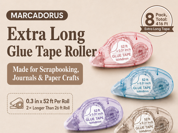 Eight 52 ft tape rollers in assorted colors with clear housings and 416 ft total shown