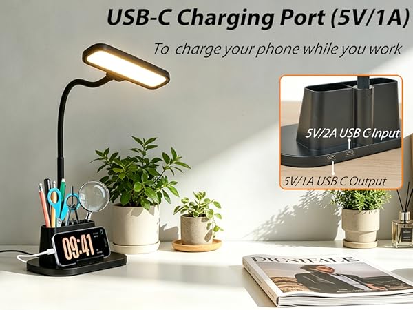 LED Desk Lamp for Dorm Room with Pen Holder USB Charging Port Small Reading Light for Home Office