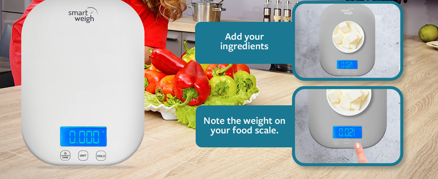 add your ingredients note the weight on the food scale
