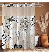 CTOTSYC No Hook Shower Curtain and Liner Set, White Black Boho Floral Shower Curtains for Bathroo...