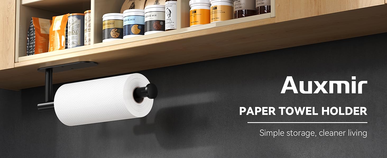 Black under cabinet paper towel holder mounted below kitchen shelf with roll installed