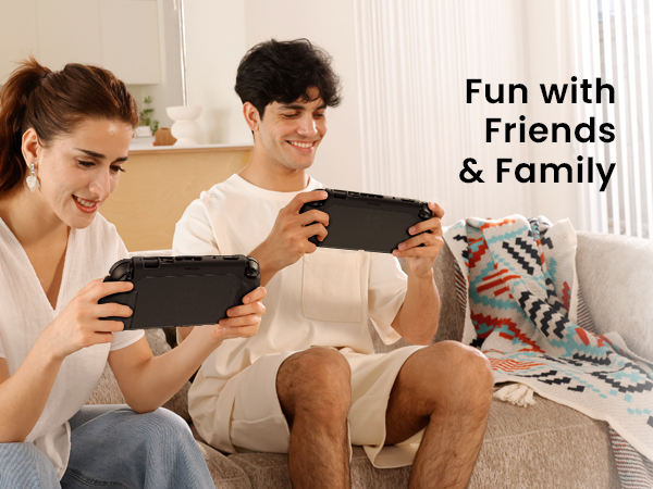 Text reads: 'Fun with Friends & Family'. Scene showing people sitting on floor holding electronic devices while socializing.