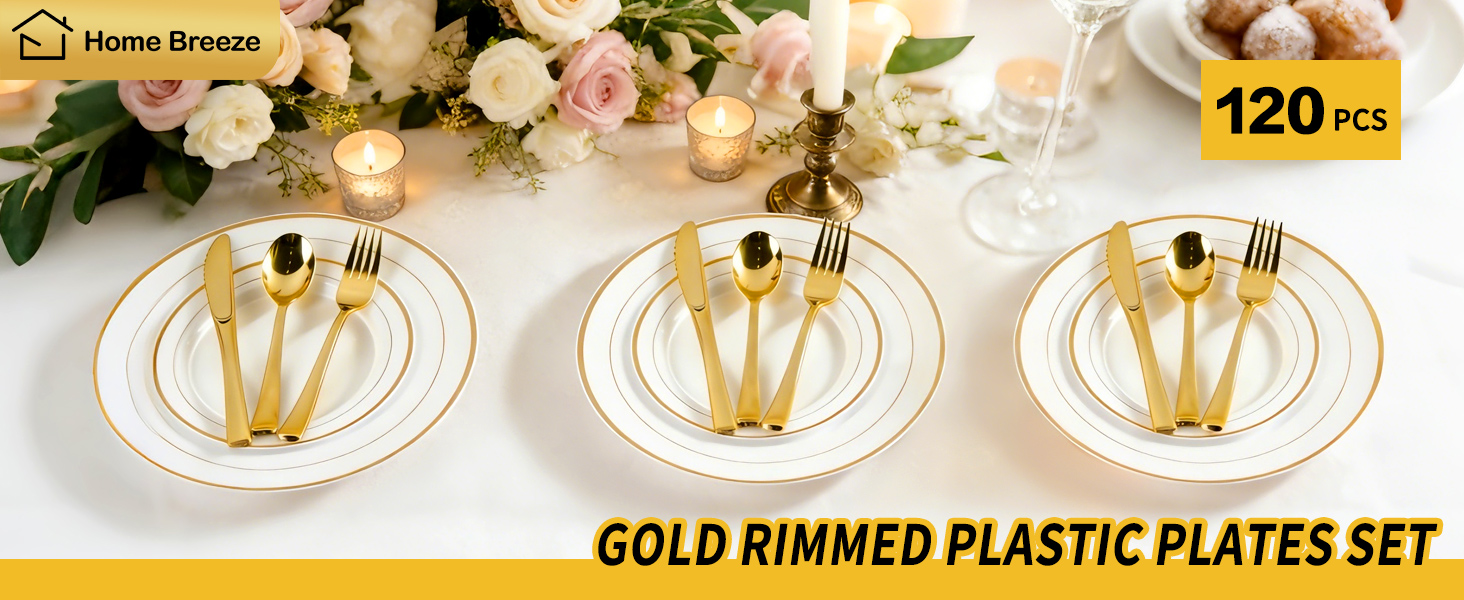 120 pcs gold rimmed plastic plates set