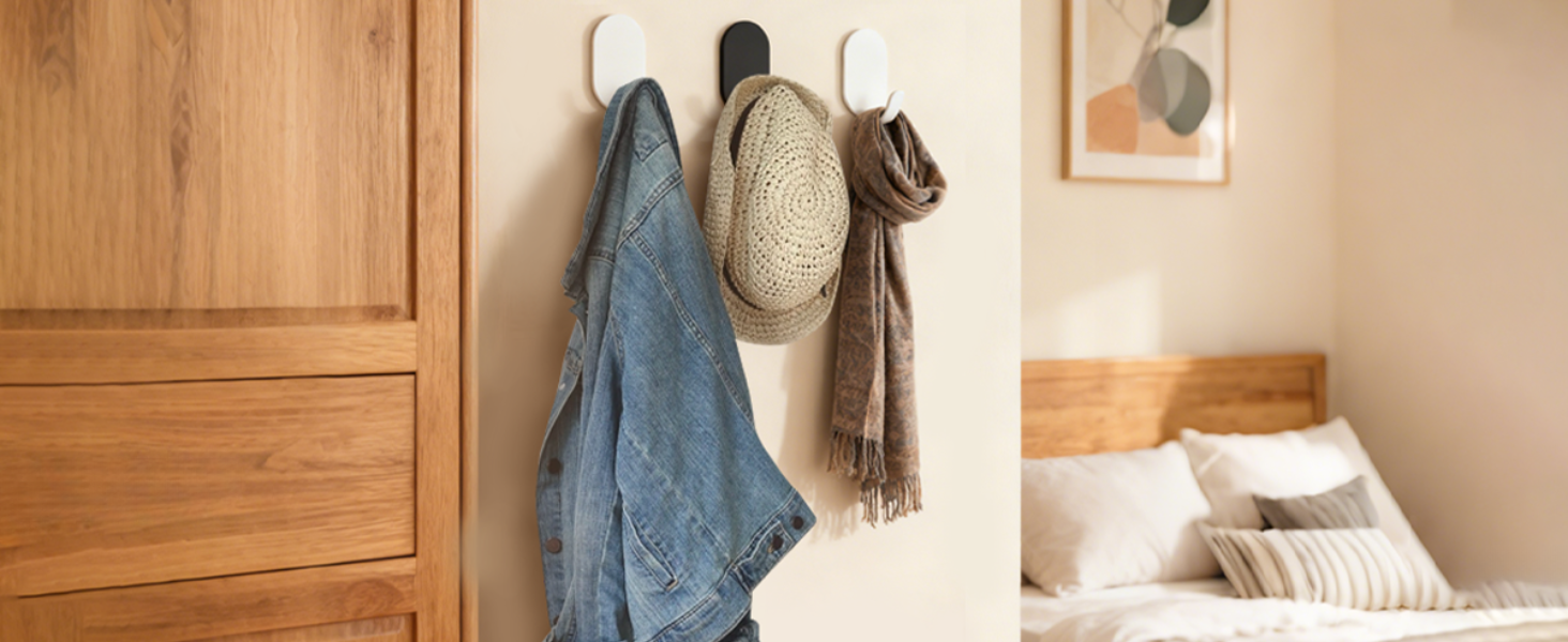 Wall-mounted wooden coat rack with hooks holding jackets and bags, positioned next to bedroom furniture and wall art.