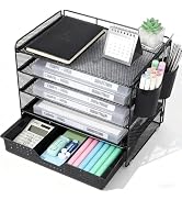 LEKETREE Desk Organizer and Accessories, 5-Tier Paper Letter Tray Organizer with Drawer & 2 Pen H...