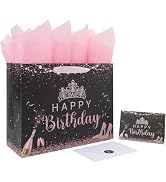 13” Large Black Birthday Gift Bag Set with Handles, Greeting Card, Pink Tissue Papers and Sticker...
