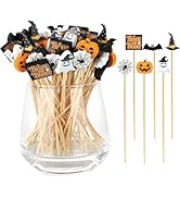 120 Halloween Cocktail Picks, 8 Kind of Bamboo Pumpkin Ghost Spider Hat Bat eyeball Decorative to...