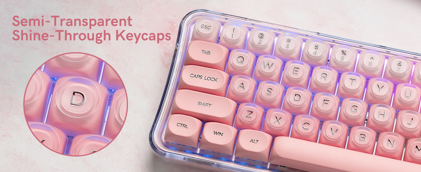 a keyboard with semi-transparent shine-through keycaps, featuring a pink color scheme