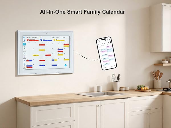Wall calendar paired with smartphone, zero fee badge and supported platform icons
