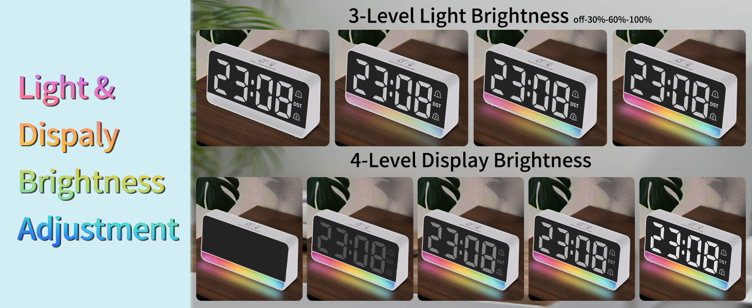 3-Level Night Light & 4-Level Display Brightness - or turn both off for a completely quiet night.