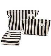 HAPPYHEIDI Black White Stripe Makeup Bag Set 3 with Compartment Cosmetic Toiletry Travel Pouch,Pu...