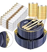 Nervure 350Pcs Blue Plastic Plates - Blue Gold Plastic Dinnerware Sets for 50 Guests - 100 Navy G...
