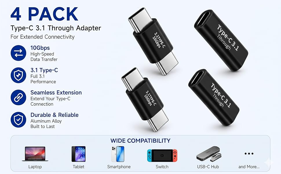 4 Pack Type-C 3.1 adapter 10Gbps high speed data transfer aluminum alloy wide compatibility