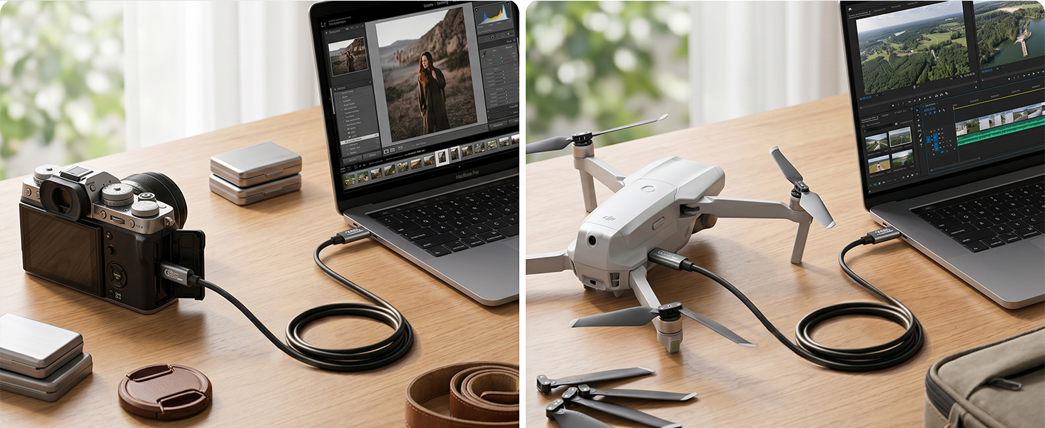 Flat lay workspace showing camera equipment, USB cables, laptop computers displaying drone footage, memory cards, and other photography/videography accessories on wooden desk surface.