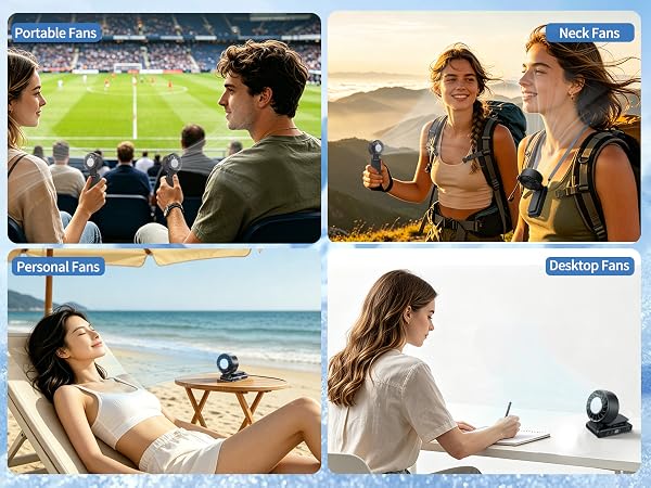 Four-panel composite labeled 'Social Media' and 'Outdoor Fan': stadium crowd viewing sports, two women hiking outdoors, woman relaxing on beach, person photographing landscape scenery.