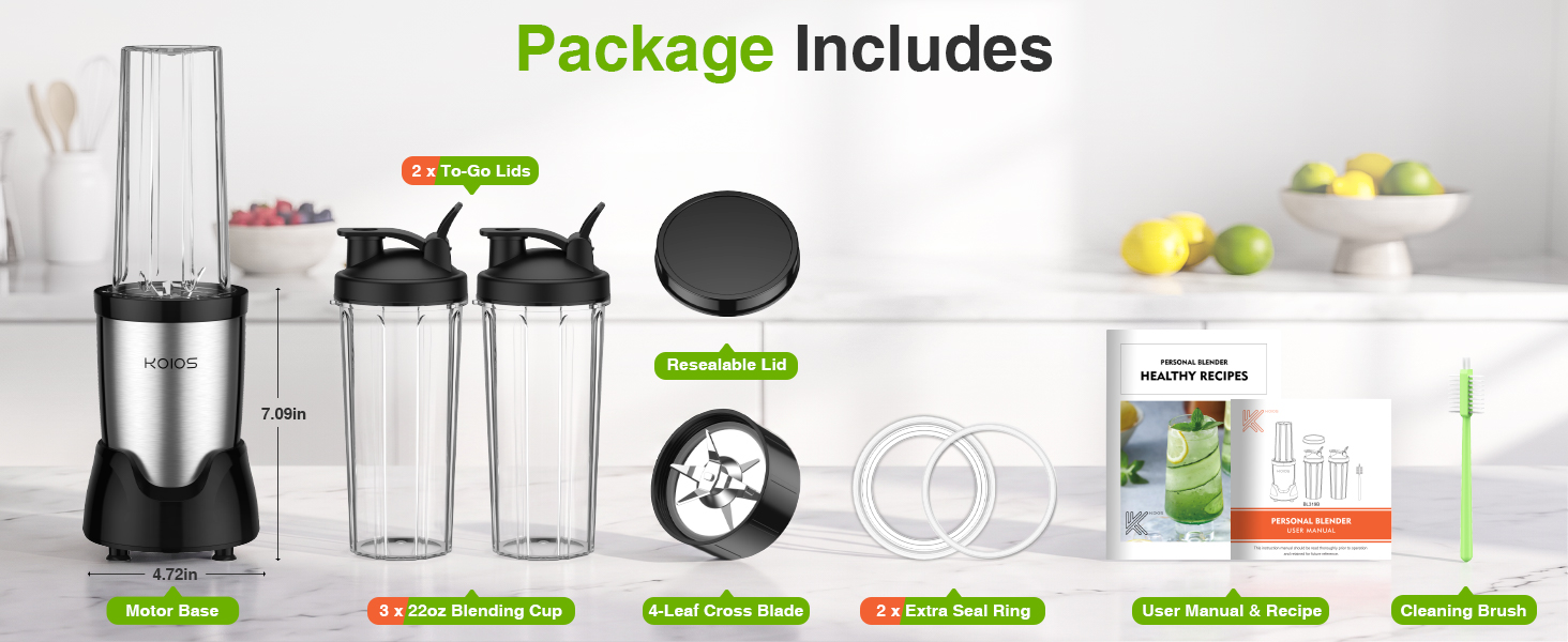 Everything you need included: power base, cups, lids, blade, brush, and recipe book