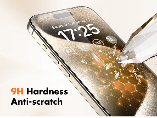 Smartphone screen protector demonstration. Shows '9H Hardness Anti-scratch' feature with sparks flying off as screen is scratched by a metal tool.