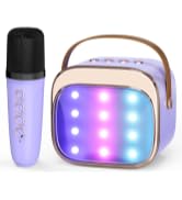 purple karaoke machine with microphone