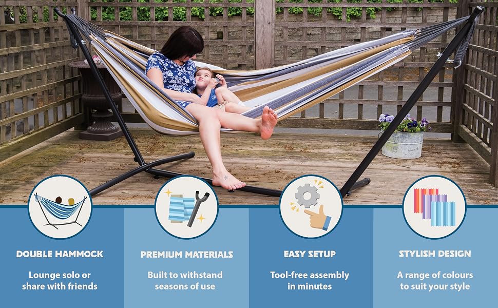 Hammock features: double hammock, premium materials, easy setup, stylish design