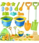 HUITEM Beach Sand Toys for Kids with 20 in Long Beach Shovels, 2 Collapsible Bucket, Sand Castle ...