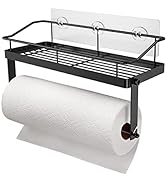 Adhesive Paper Towel Holder Shelf, 2-in-1 Wall Mounted Black Paper Towel Roll Rack Basket for Kit...