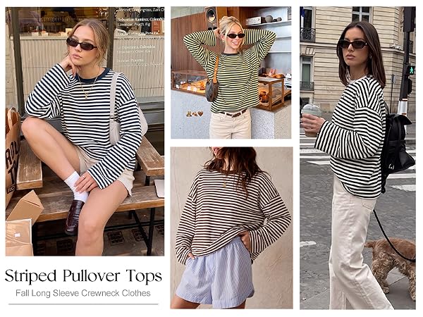 Striped Long Sleeve Shirt Women Oversized Crewneck Fall Y2k Tops 2026