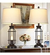 28" Tall Farmhouse Table lamps Set of 2, Vintage Industrial Table Lamp with USB C+A Ports & Outle...